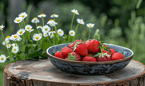木桩上的盘子里放着新鲜草莓背景是洋甘菊花