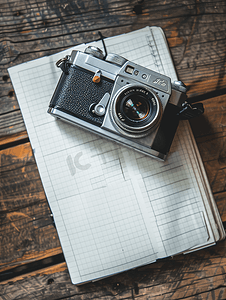 白色桌子桌子摄影照片_深棕色木桌上的空白记事本页和古典风格的现代相机