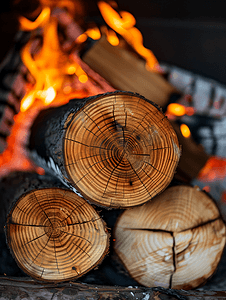 壁炉里有一些木头和燃烧的原木着火