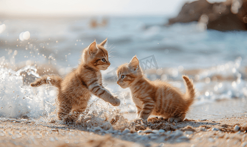 两只猫夏天在海滩上玩耍