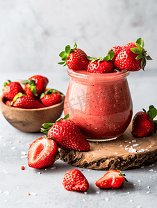玻璃罐里的草莓冰沙和木碗里的新鲜草莓