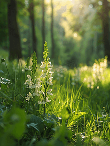 老鼠属植物生长在茂密的绿草中的森林空地上