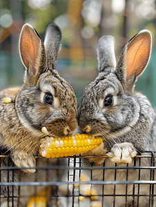 灰色和棕色的兔子在笼子里吃玉米穗