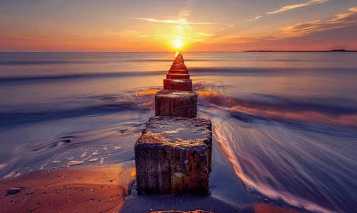 丹麦海滩上的日落前景中的石头防波堤在海岸上散步