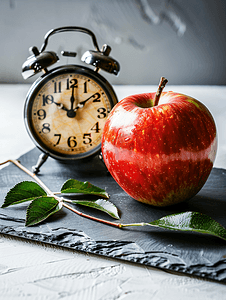 白色背景石板上的闹钟和苹果概念时间吃零食