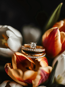 黑色背景上有郁金香花的钻石结婚戒指