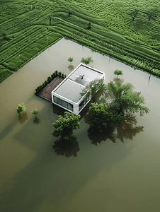 洪水淹没了房屋和草坪上的田地从上面看雨后的洪水