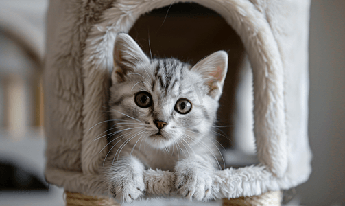 美丽的英国灰白小猫躺在猫屋上看着相机