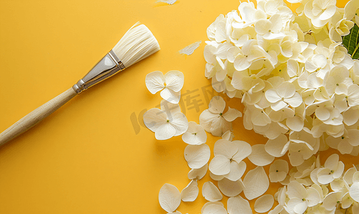 创意个性炫酷摄影照片_黄色背景上的白色绣球花和画笔带复制空间
