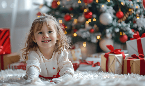孩子坐在圣诞树下手里拿着礼物