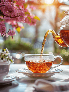 热玫瑰茶从水壶倒入茶杯然后上桌