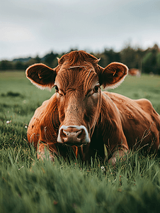 躺在草地摄影照片_一头棕色的牛躺在绿草地上