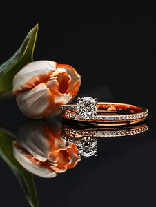 珠宝时尚背景摄影照片_黑色背景上有郁金香花的钻石结婚戒指