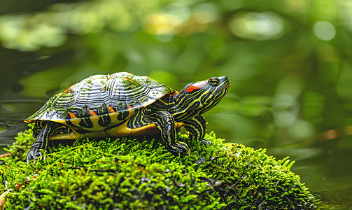 池塘卡通摄影照片_公园里的红耳龟