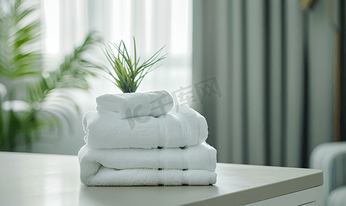 酒店浴室摄影照片_酒店客房客房服务桌上的白毛巾