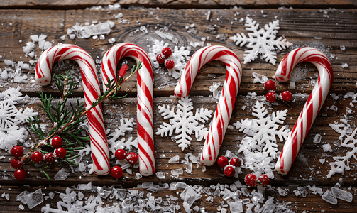 圣诞礼物糖果棒和雪花在木质质朴的复古背景上