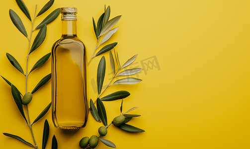 黄色上的一瓶橄榄油和橄榄叶