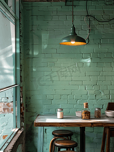 红色折页边框摄影照片_咖啡馆里浅绿色墙壁上的一盏灯