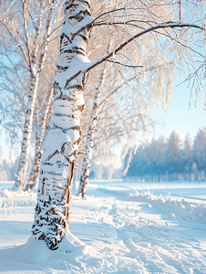 积雪覆盖的树枝和桦树林