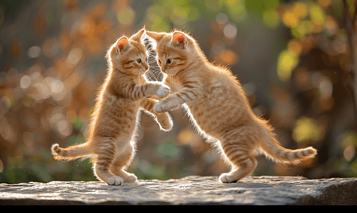 两只黄色小猫在外面玩耍两只猫在石头里打架玩耍