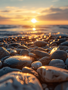 丹麦海滩上的日落前景中的石头海岸漫步