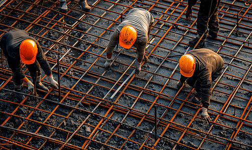 工人在浇筑混凝土前使用钢丝和钳子钢筋