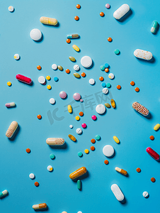 蓝色背景中的彩色药丸片剂和胶囊医药与健康