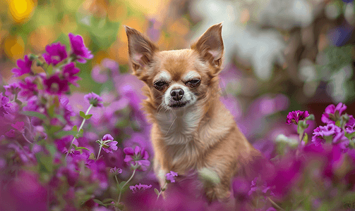 老吉娃娃狗眼睛瞎了坐在花园里开着紫色的花