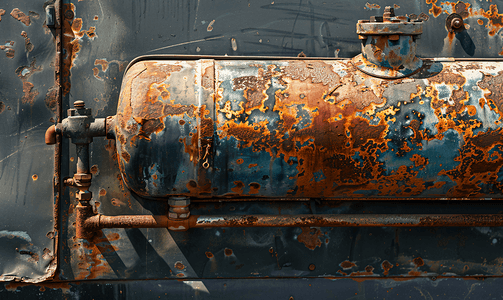 大板摄影照片_一个大油箱附在一辆生锈的旧汽车的侧面