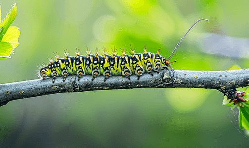 毛毛虫在桦树枝上爬行大自然中的昆虫