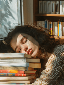 疲惫的学生睡在书旁