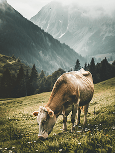 阿尔卑斯奶牛摄影照片_奥地利山区吃草的牛