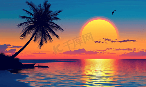 视觉冲击橙色背景摄影照片_日落在海边与棕榈树剪影