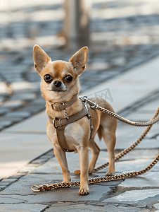 动物背景装饰摄影照片_吉娃娃狗在散步狗拴着装饰狗