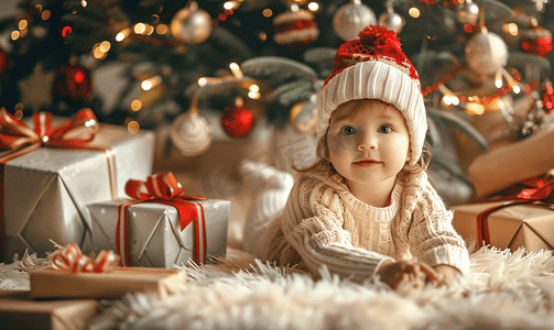 冬季孩子摄影照片_孩子坐在圣诞树下手里拿着礼物