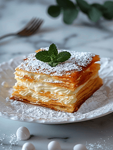 白汁河豚摄影照片_白盘中的千层酥的特写自制甜蛋糕拿破仑泡芙甜点