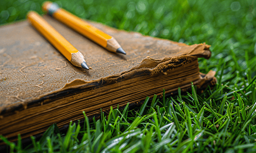 铅笔和旧书在绿草背景上打开