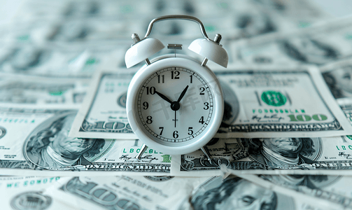 白色闹钟放在银元上时间流线型财务概念