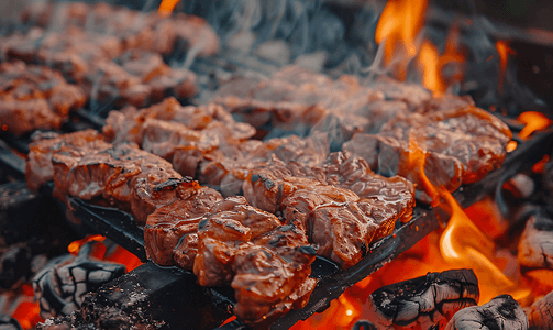 肉在外面煎生肉放在刀片上在煤上加热食物