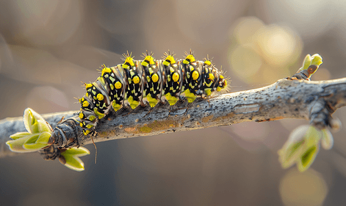 昆虫虫子摄影照片_毛毛虫在桦树枝上爬行大自然中的昆虫