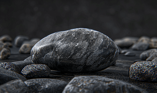 深色背景中的灰色玄武岩石卵石