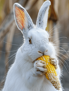 可爱兔子耳朵摄影照片_白老兔吃玉米穗特写