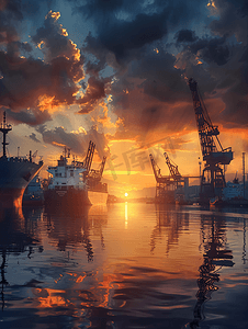 日落时港口船舶和起重机的景观
