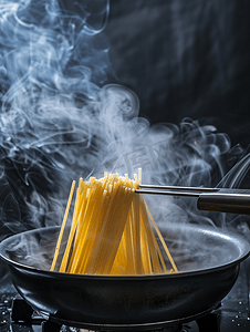 锅里的面条摄影照片_炉子上的意大利面条在锅里用沸水煮冒着烟