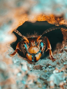 巢中棕色黄蜂的微距拍摄选择性聚焦微距摄影