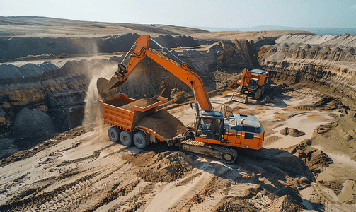 化石挖掘取出摄影照片_橙色挖掘机从自卸卡车上卸下沙子在农业区挖掘