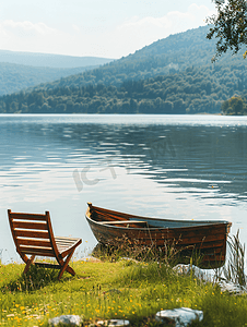 绿色船摄影照片_平静湖岸草地上的木制躺椅和一艘船