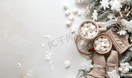 创意个性炫酷摄影照片_可可与棉花糖羊毛手套袜子和石膏顶视图上的圣诞树