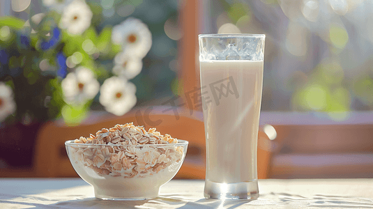 燕麦米稀摄影照片_牛奶燕麦营养早餐摄影3