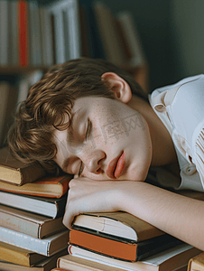 疲惫的学生睡在书旁